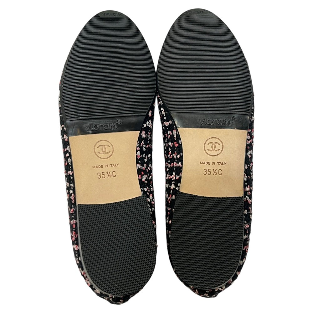 CHANEL CC Mark logo Ribbon Ballerina Shoes, flat shoes, ballet shoes pumps tweed Black/pink Used