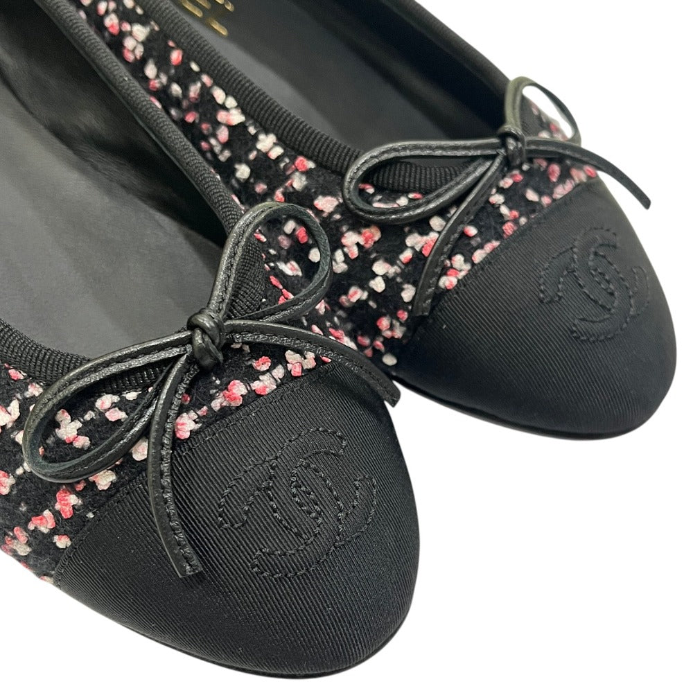 CHANEL CC Mark logo Ribbon Ballerina Shoes, flat shoes, ballet shoes pumps tweed Black/pink Used