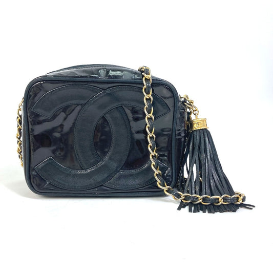 CHANEL CC ココマーク ポシェット タッセル カバン フリンジ チェーン 斜め掛け ショルダーバッグ エナメル レディース ブラック