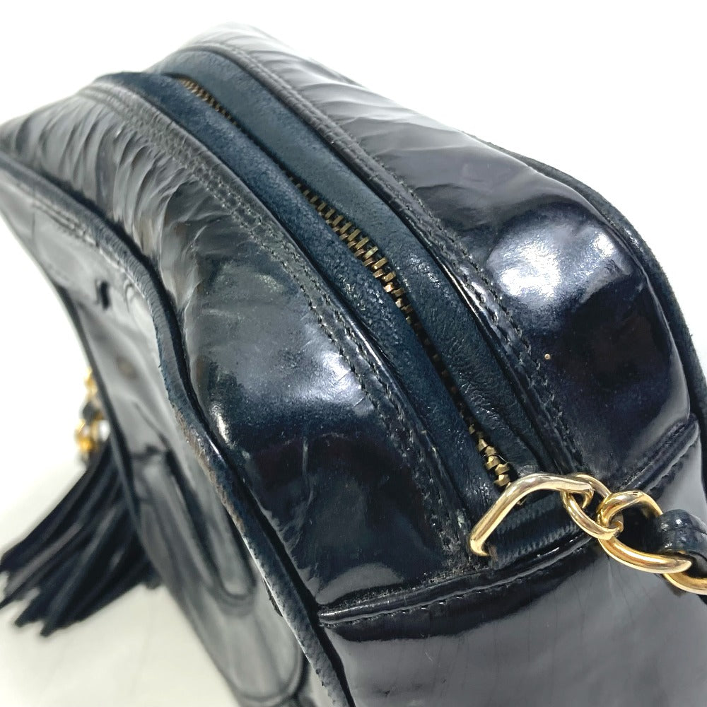 CHANEL CC ココマーク ポシェット タッセル カバン フリンジ チェーン 斜め掛け ショルダーバッグ エナメル レディース ブラック