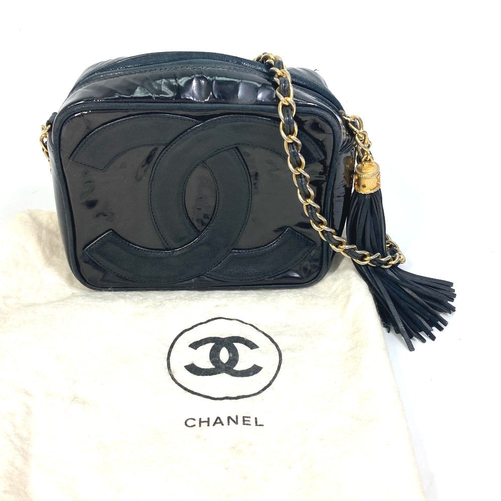 CHANEL CC ココマーク ポシェット タッセル カバン フリンジ チェーン 斜め掛け ショルダーバッグ エナメル レディース ブラック
