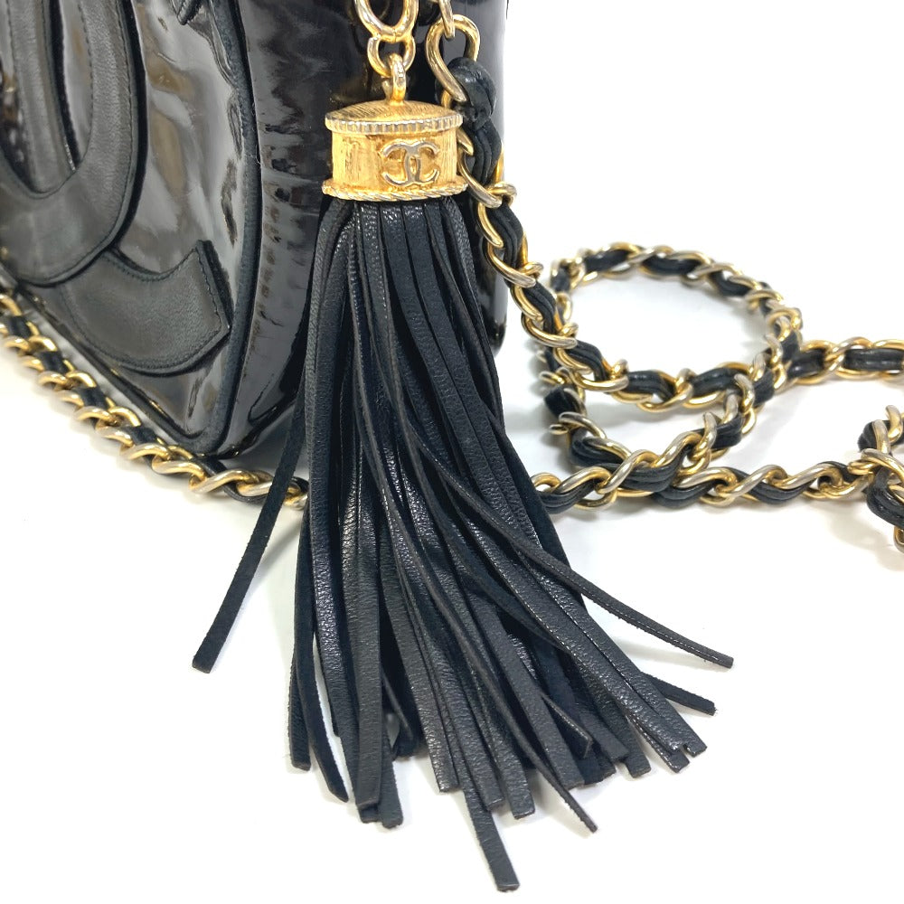 CHANEL CC ココマーク ポシェット タッセル カバン フリンジ チェーン 斜め掛け ショルダーバッグ エナメル レディース ブラック