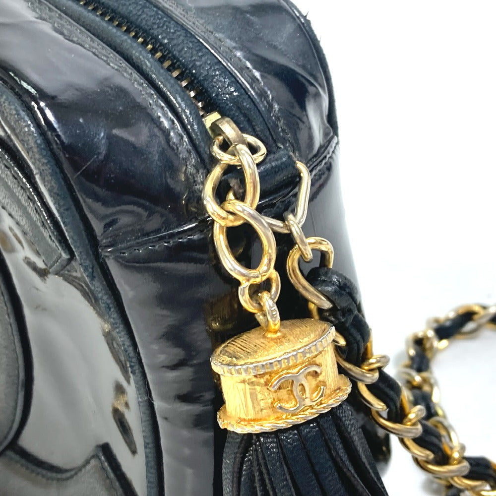 CHANEL CC ココマーク ポシェット タッセル カバン フリンジ チェーン 斜め掛け ショルダーバッグ エナメル レディース ブラック