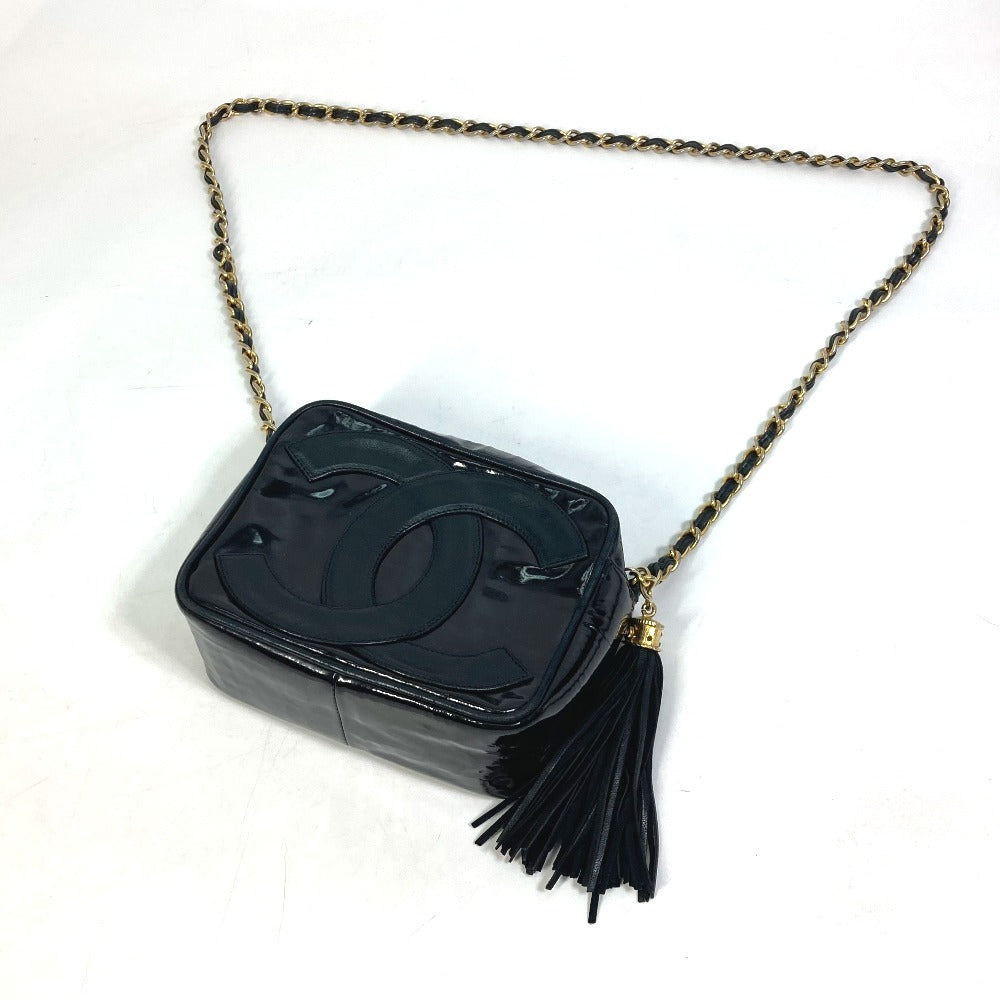 CHANEL CC ココマーク ポシェット タッセル カバン フリンジ チェーン 斜め掛け ショルダーバッグ エナメル レディース ブラック
