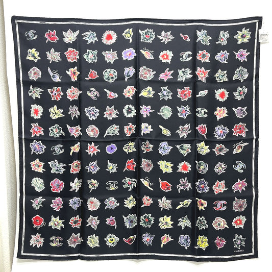 CHANEL Camelia Shawl, Stole/Shawl, Bandana, Silk Scarf, Floral Pattern Scarf silk Black Used