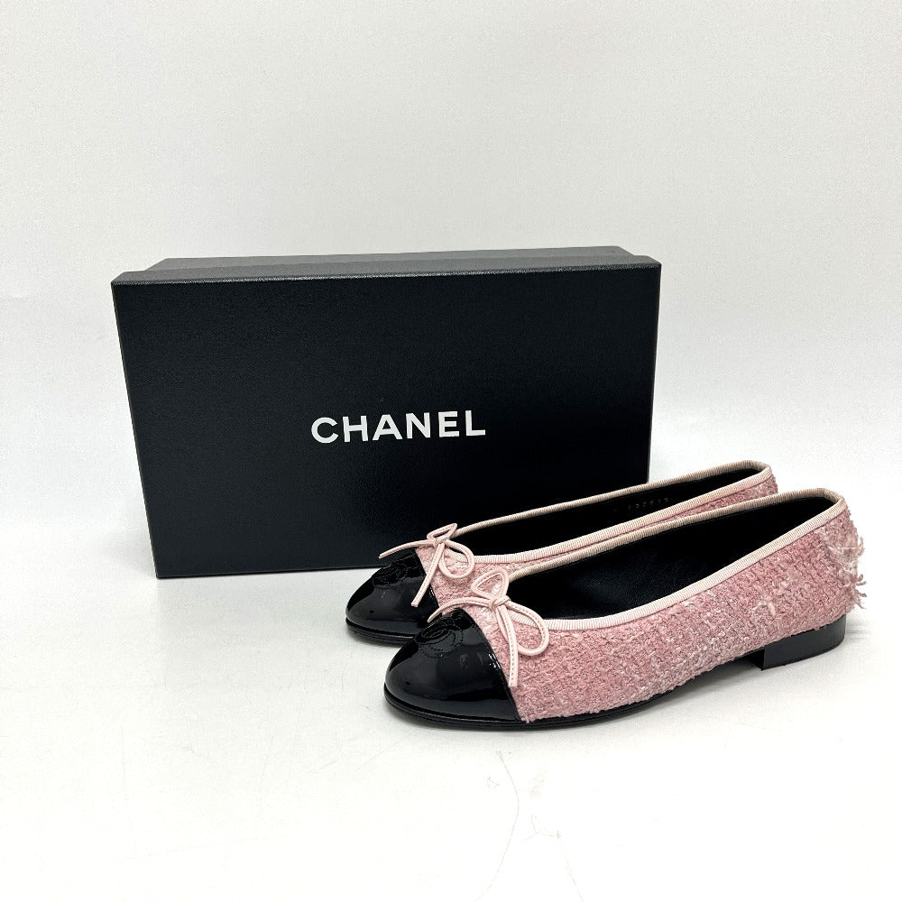 CHANEL CC Mark Ribbon Bicolor Tweed ballerina flats pumps tweed / enamel pink/Black Used