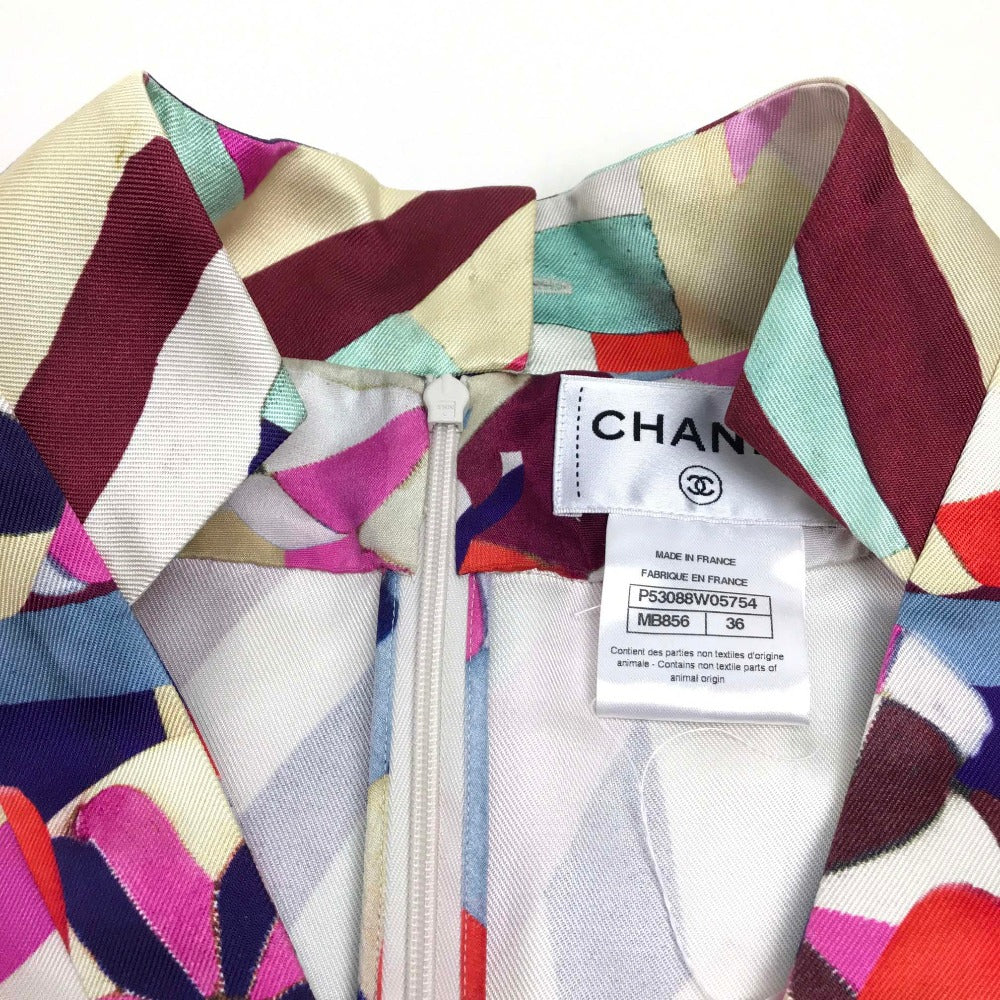 CHANEL P53088 Floral Silk Dress, Size 16C, Short Sleeve, Knee-Length, Square Neck, Multicolor