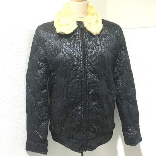 CHANEL 08A Fur Jacket/Blouson, Polyester, Women's, Black/Metallic Black