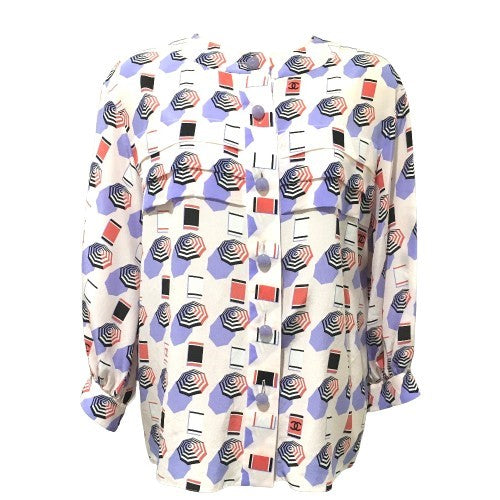 CHANEL P61308 CC Coco Mark 19S Parasol Motif Apparel Tops Blouse Long Sleeve Silk Women's Soft Pink x Multicolor