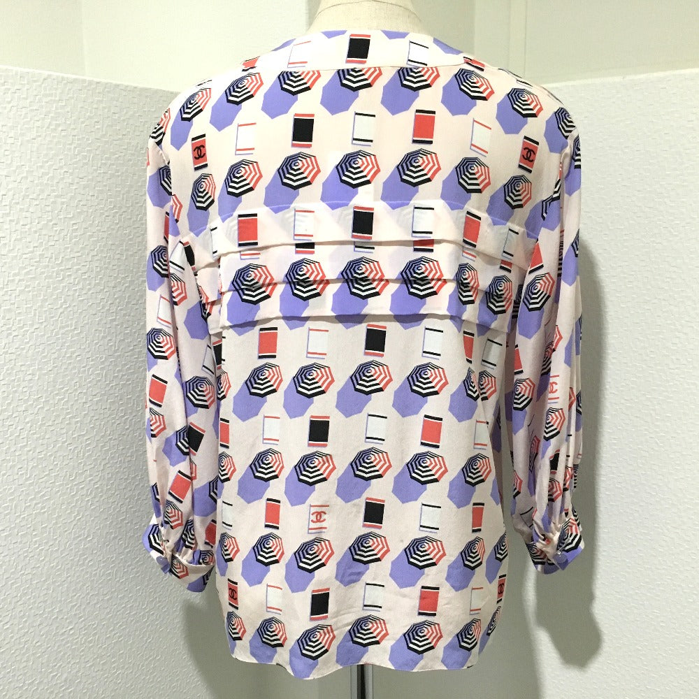 CHANEL P61308 CC Coco Mark 19S Parasol Motif Apparel Tops Blouse Long Sleeve Silk Women's Soft Pink x Multicolor