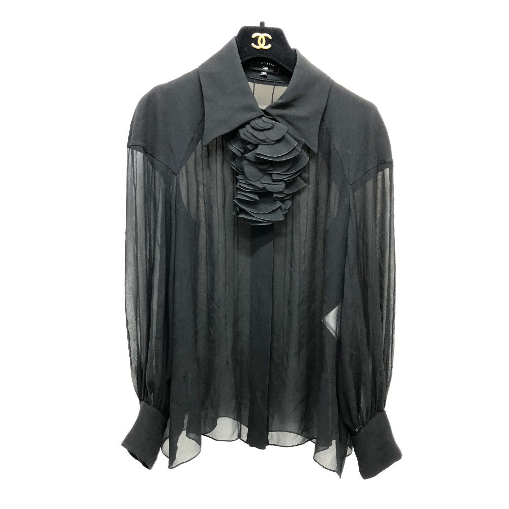 CHANEL P55115 Apparel Long Sleeve Top See-Through Camellia Brooch Blouse Sheer Blouse Long Sleeve Top Apparel Blouse Silk Women's Black