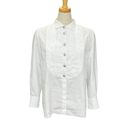CHANEL P59362 18A Rhinestone Button Ruffle Apparel Blouse, Long Sleeve, Cotton, Women's, White