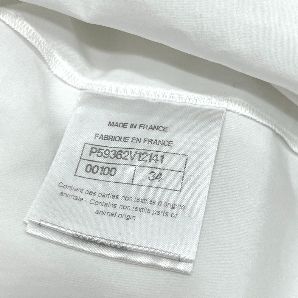 Chanel P59362 18a Button Rhinestone Button Ruffle Blouse Lengan Panjang Blaus Kapas Wanita Putih