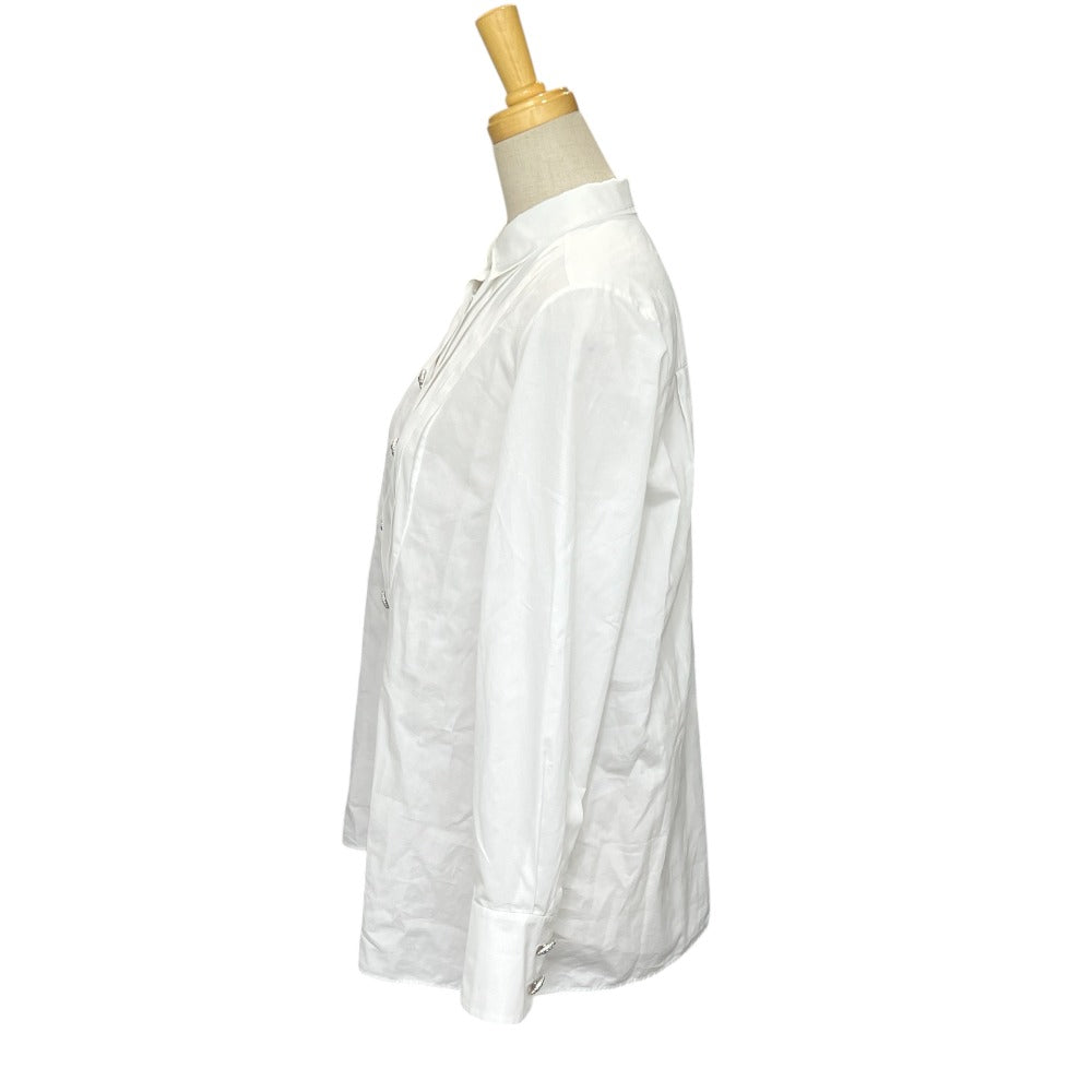 Chanel P59362 18a Button Rhinestone Button Ruffle Blouse Lengan Panjang Blaus Kapas Wanita Putih