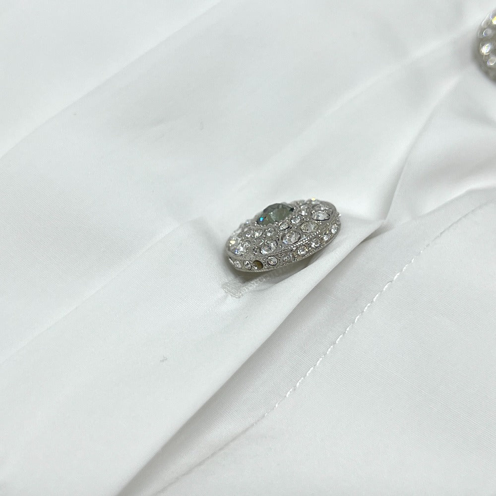 Chanel P59362 18a Button Rhinestone Button Ruffle Blouse Lengan Panjang Blaus Kapas Wanita Putih