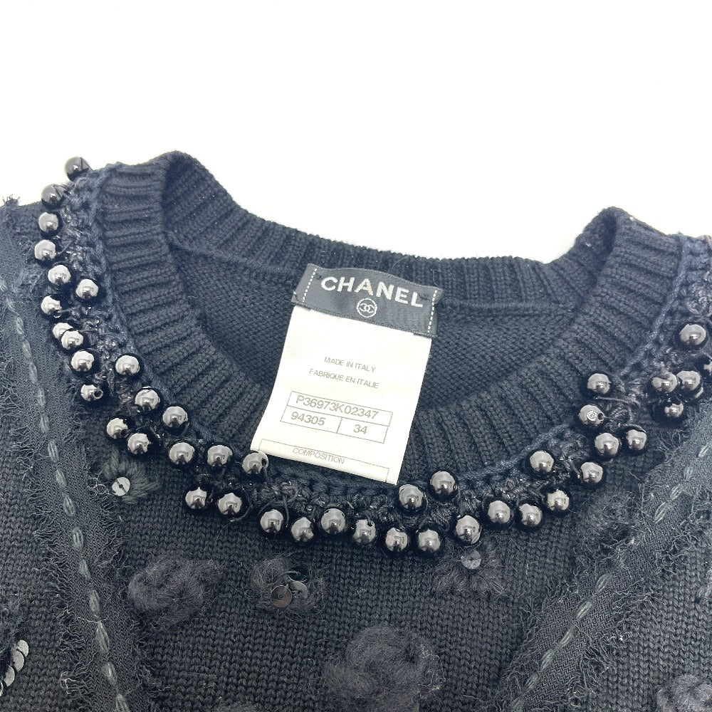 CHANEL P36973 ビジュー装飾 ショートスリーブ ニットワンピ クルーネック ひざ丈 ワンピース ウール レディース ブラック