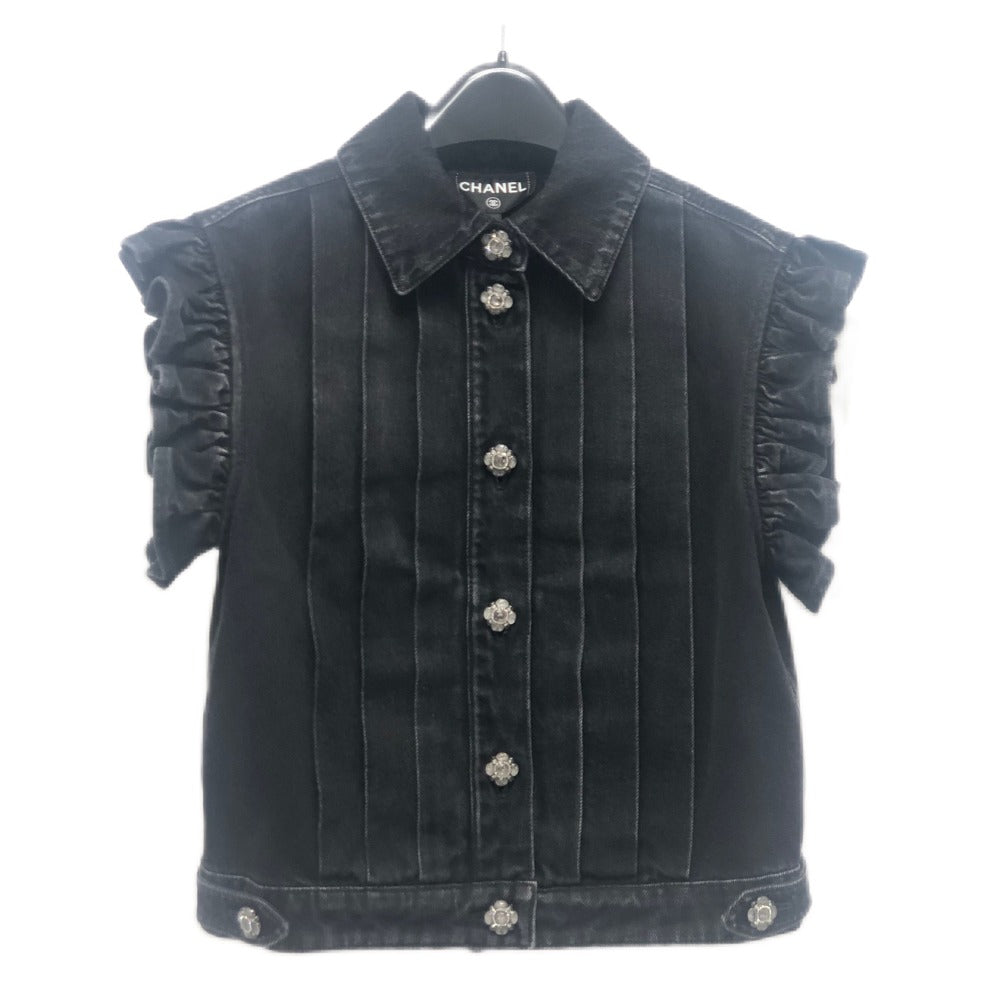 CHANEL P77615 24AW ビジュー グリポアボタン ウォッシュドデニム フリル アパレル ベスト ジャケット デニム レディース ブラック