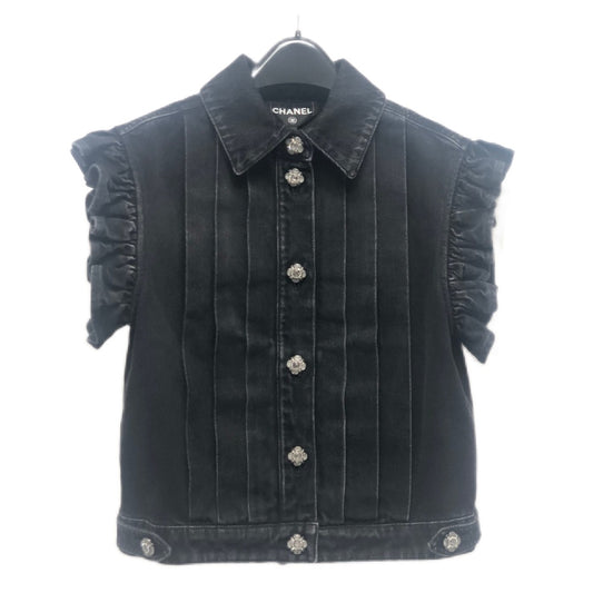 CHANEL P77615 24AW ビジュー グリポアボタン ウォッシュドデニム フリル アパレル ベスト ジャケット デニム レディース ブラック