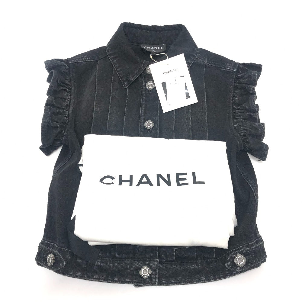 CHANEL P77615 24AW ビジュー グリポアボタン ウォッシュドデニム フリル アパレル ベスト ジャケット デニム レディース ブラック