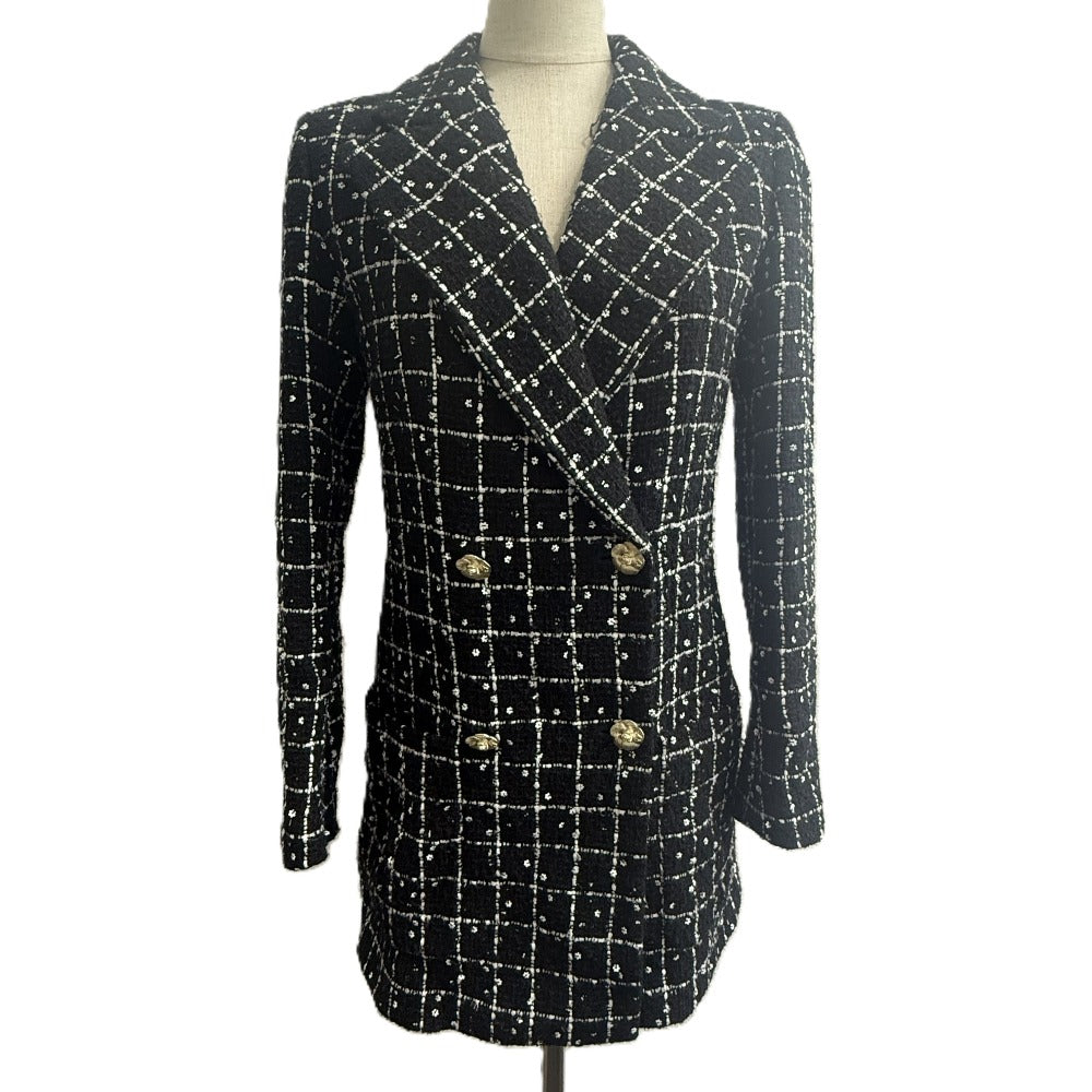 CHANEL P75797 23-24AW カメリアボタン アパレル アウター ロング ツイード ジャケット ツイード レディース ブラック