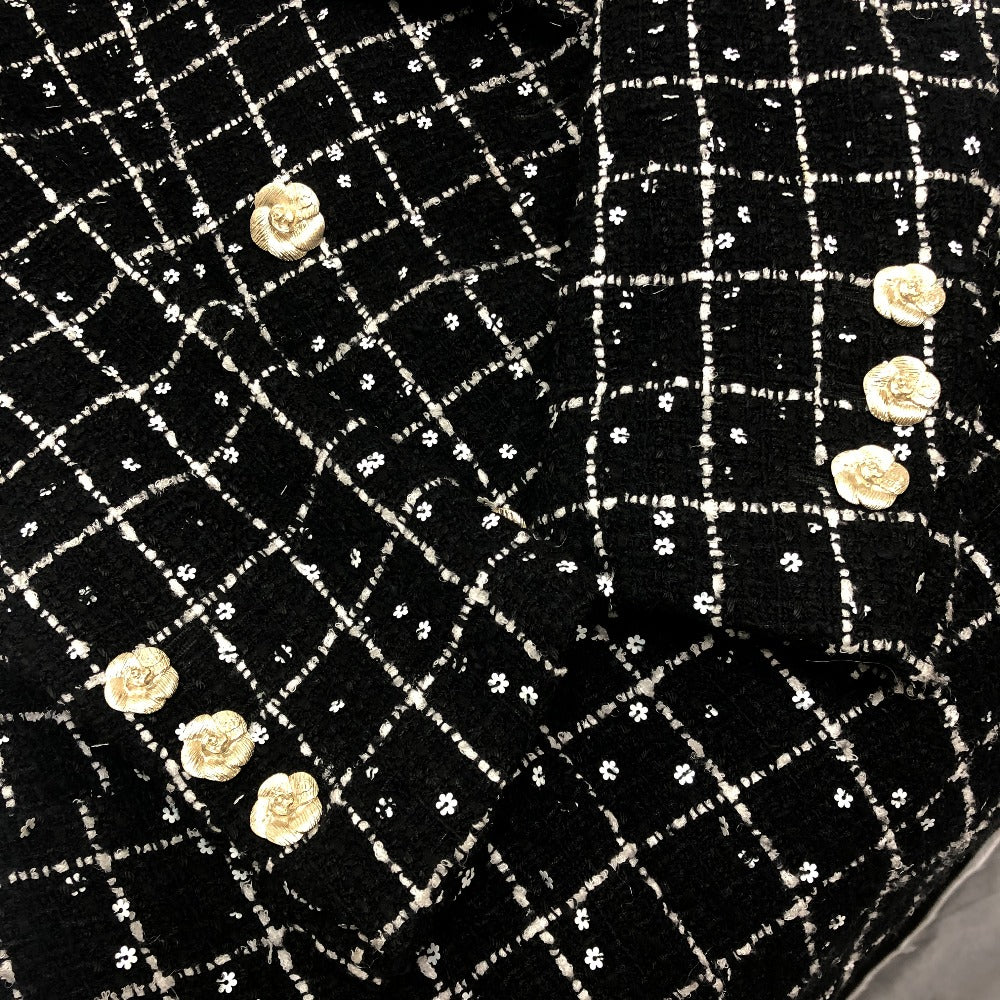 CHANEL P75797 23-24AW カメリアボタン アパレル アウター ロング ツイード ジャケット ツイード レディース ブラック