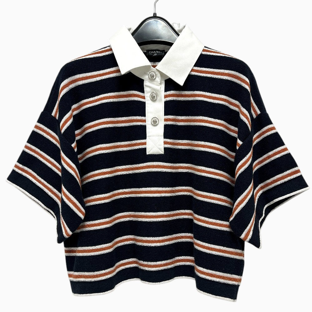 CHANEL P81003 26C Border Lion Button Apparel, 3/4 sleeve knit top, Bijoux buttons Polo shirt cotton Black/Brown Used