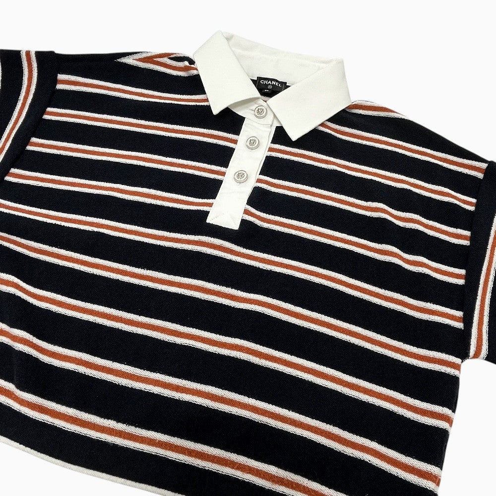 CHANEL P81003 26C Border Lion Button Apparel, 3/4 sleeve knit top, Bijoux buttons Polo shirt cotton Black/Brown Used