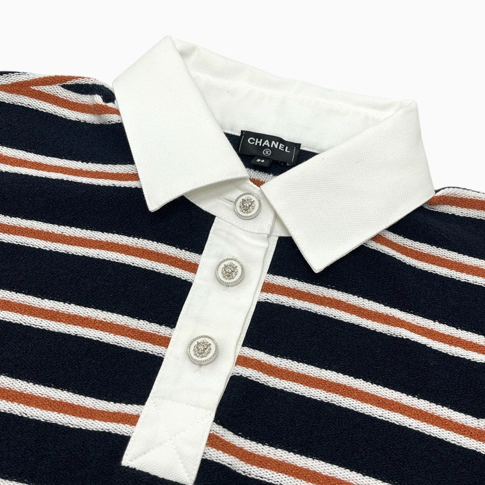 CHANEL P81003 26C Border Lion Button Apparel, 3/4 sleeve knit top, Bijoux buttons Polo shirt cotton Black/Brown Used