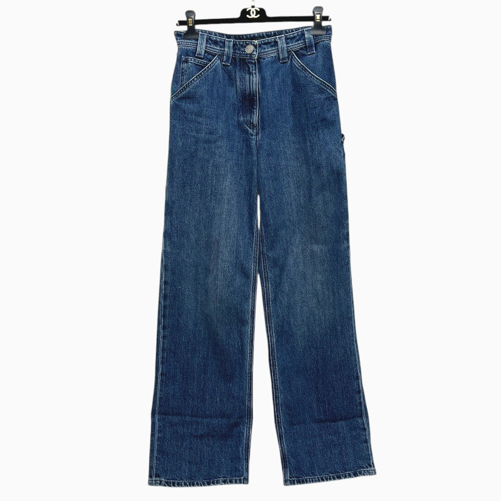 CHANEL P81258 26C Washed denim jeans Apparel Side CC Mark Straight Bottoms cargo pants Denim blue Used