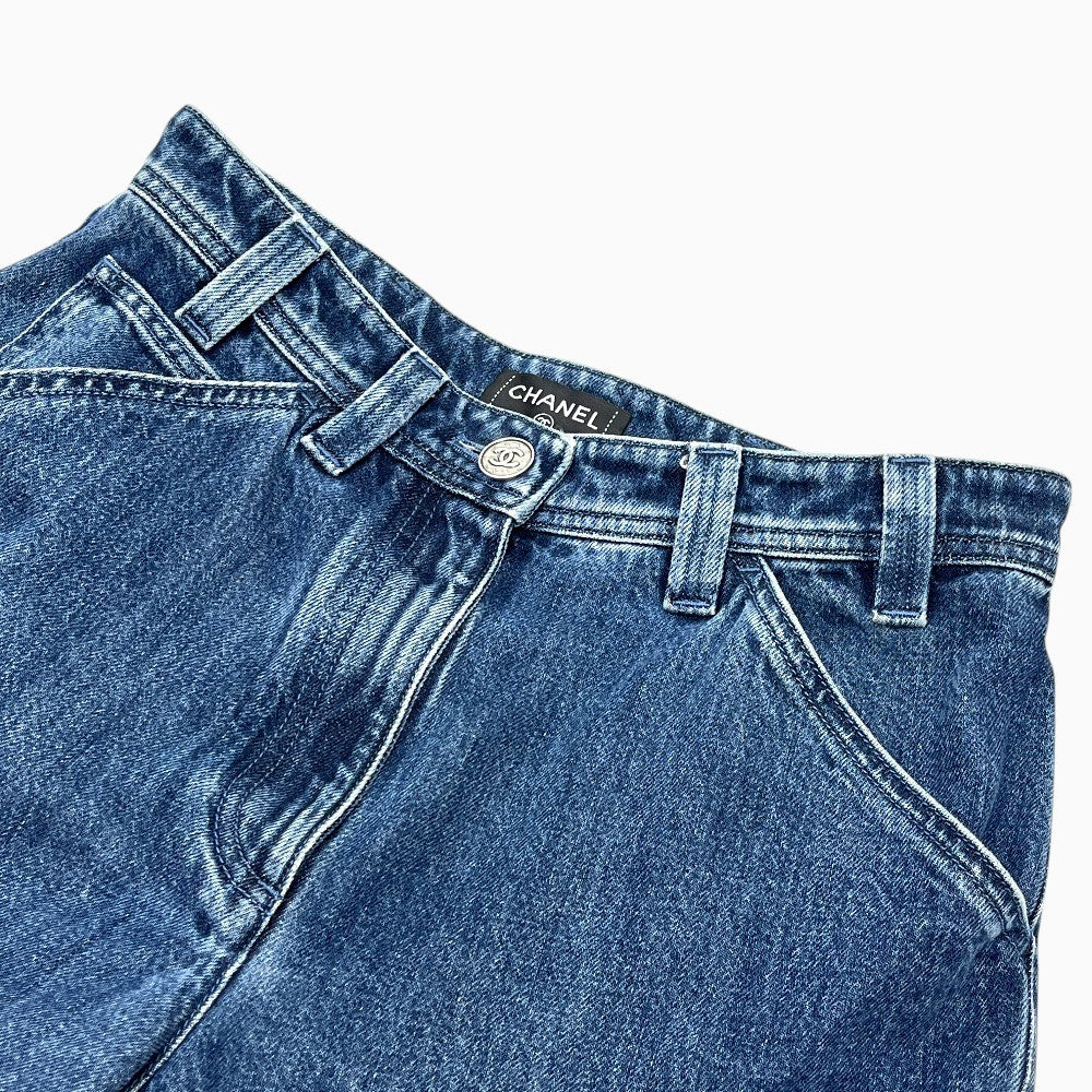 CHANEL P81258 26C Washed denim jeans Apparel Side CC Mark Straight Bottoms cargo pants Denim blue Used