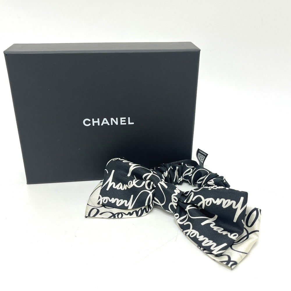CHANEL 総柄 バイカラー リボン ヘアアクセサリー 髪飾り シュシュ シルク レディース ブラック