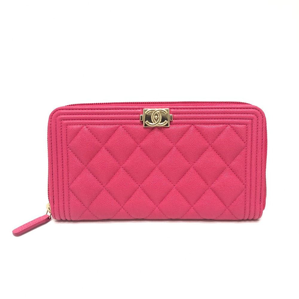CHANEL A80288 Boy Chanel Round Zipper Long Wallet Wallet Long Wallet Caviar Skin Women's Pink