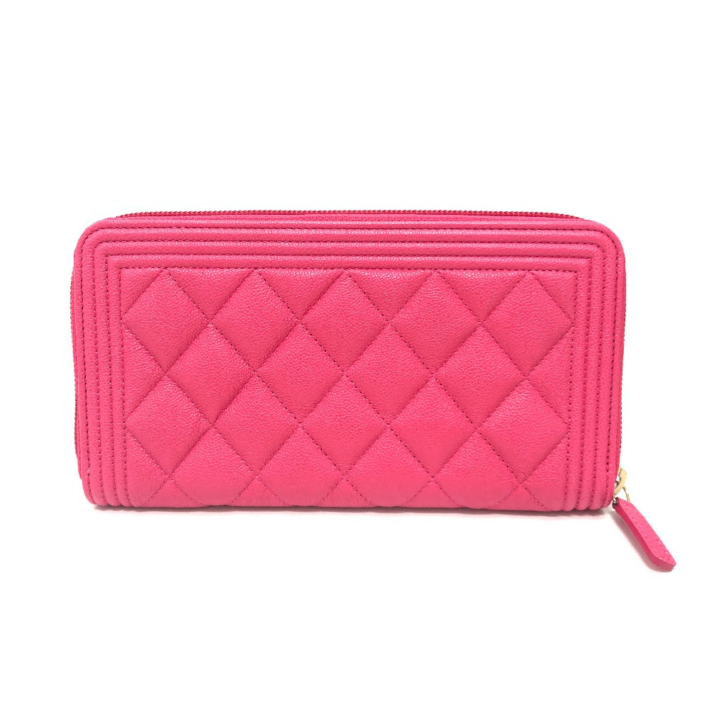 CHANEL A80288 Boy Chanel Round Zipper Long Wallet Wallet Long Wallet Caviar Skin Women's Pink