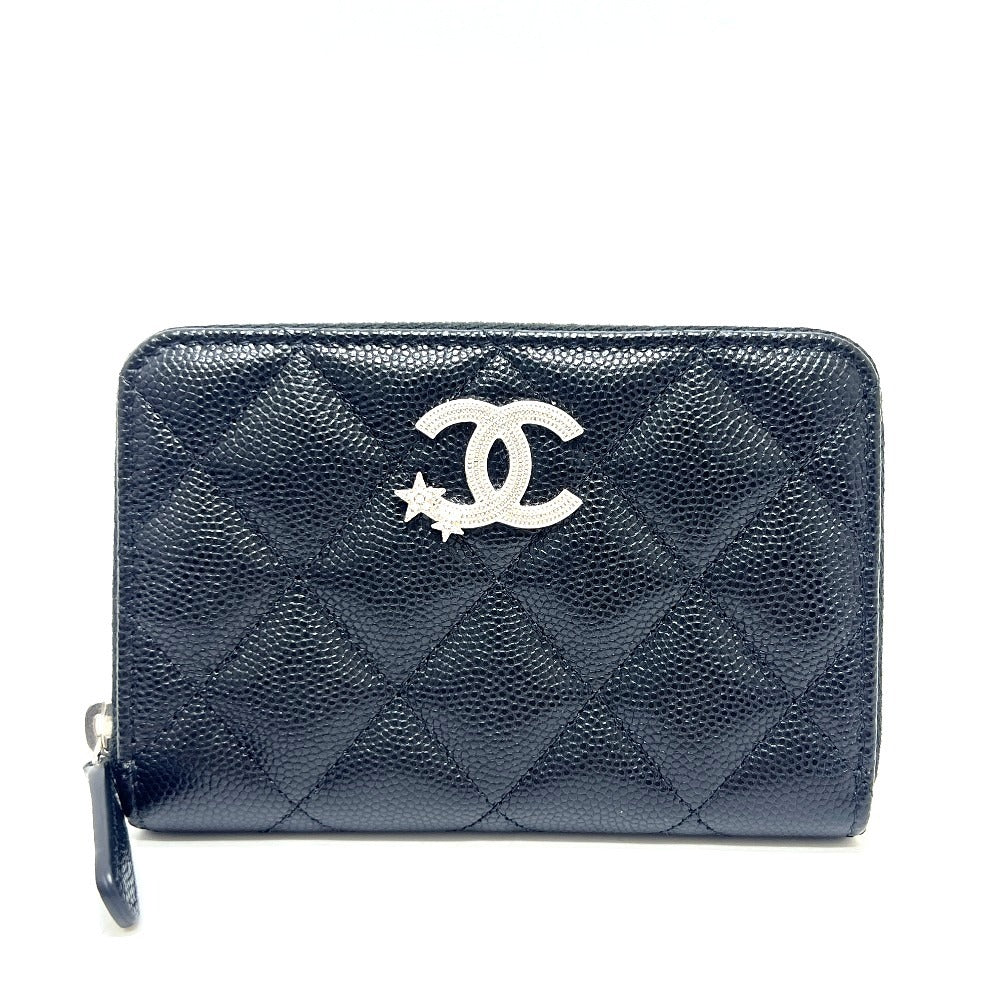CHANEL AP3728 マトラッセ スターココマーク ラウンド コインケース コンパクトウォレット 2つ折り財布 キャビアスキン レディース ブラック
