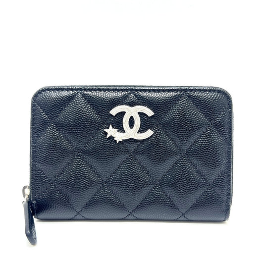 CHANEL AP3728 マトラッセ スターココマーク ラウンド コインケース コンパクトウォレット 2つ折り財布 キャビアスキン レディース ブラック