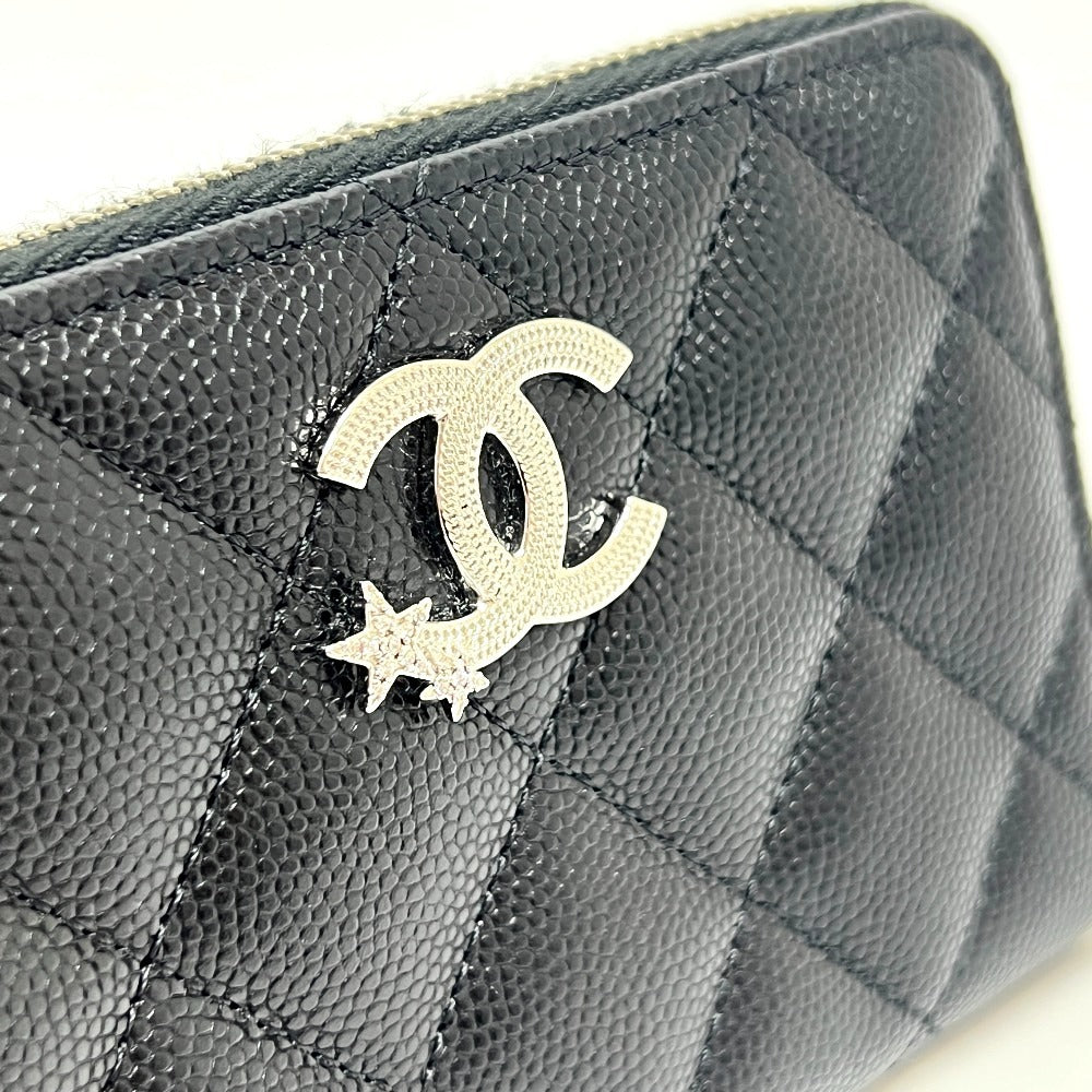 CHANEL AP3728 マトラッセ スターココマーク ラウンド コインケース コンパクトウォレット 2つ折り財布 キャビアスキン レディース ブラック