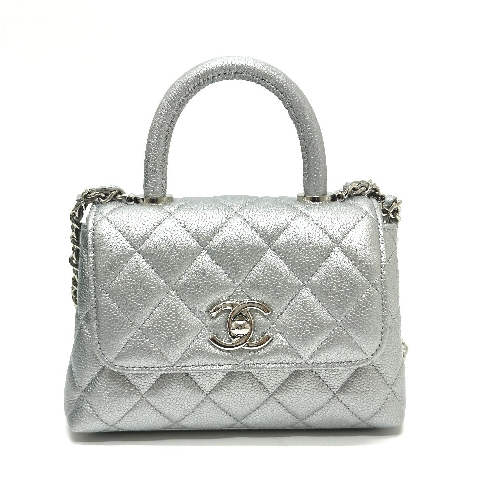 CHANEL Matelasse Coco handle Extra Mini 2-Way Bag Hand Bag Caviar Leather Silver Used