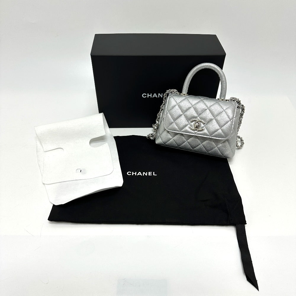 CHANEL Matelasse Coco handle Extra Mini 2-Way Bag Hand Bag Caviar Leather Silver Used