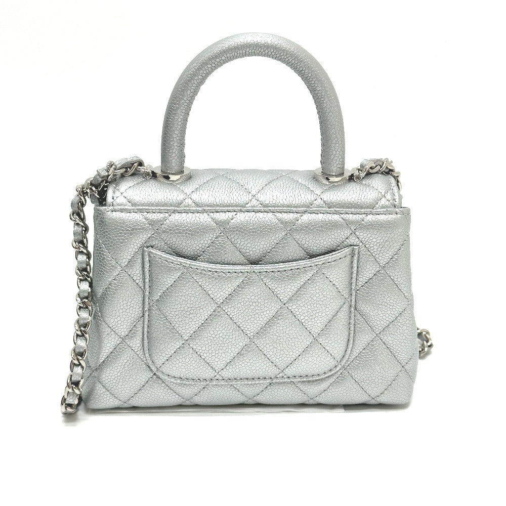 CHANEL Matelasse Coco handle Extra Mini 2-Way Bag Hand Bag Caviar Leather Silver Used