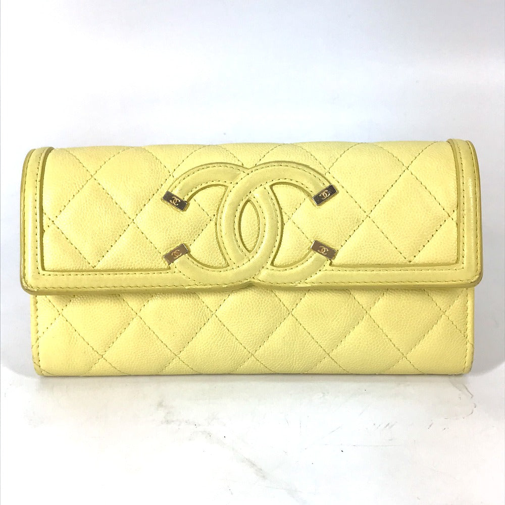 CHANEL Long Wallet, Filigree CC Coco Mark, Bifold, Caviar Leather, Yellow, Women's