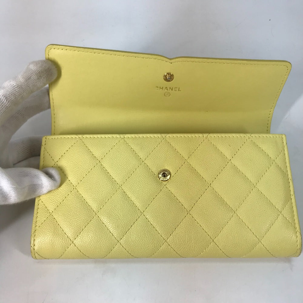 CHANEL Long Wallet, Filigree CC Coco Mark, Bifold, Caviar Leather, Yellow, Women's