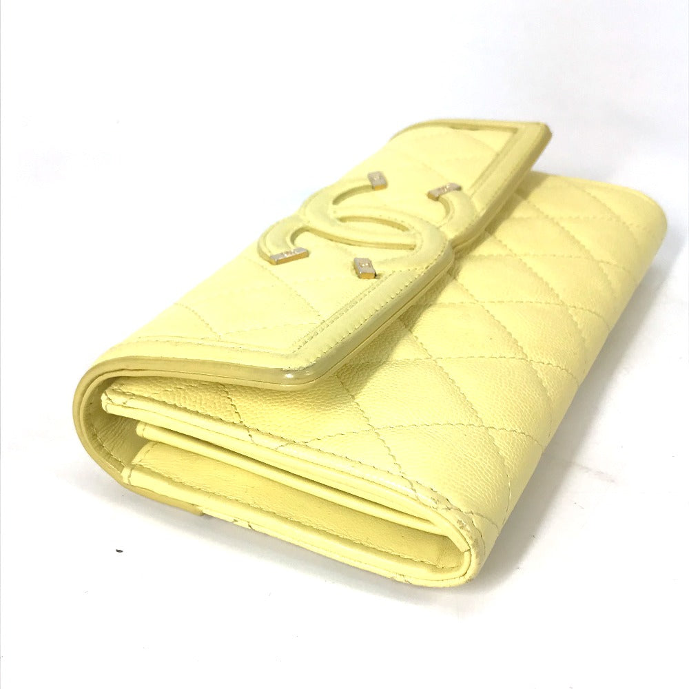 CHANEL Long Wallet, Filigree CC Coco Mark, Bifold, Caviar Leather, Yellow, Women's
