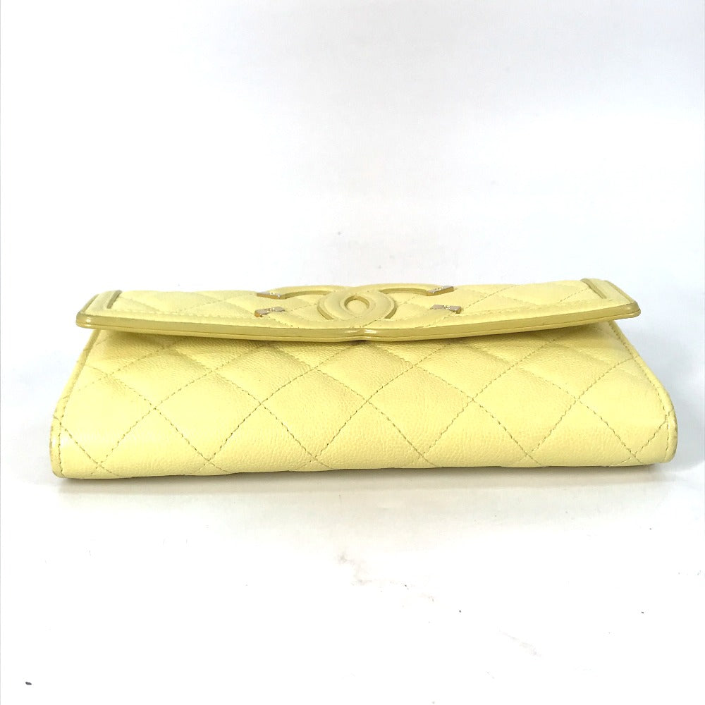CHANEL Long Wallet, Filigree CC Coco Mark, Bifold, Caviar Leather, Yellow, Women's