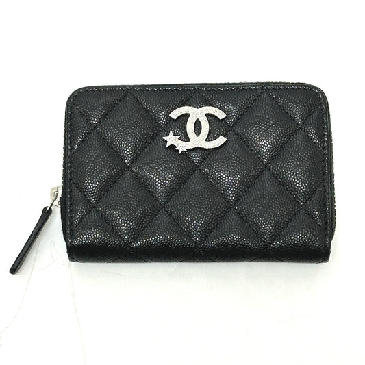 CHANEL AP3728 25B Matelasse Star Coco Mark Zip Bifold Wallet Caviar Skin Women's Black