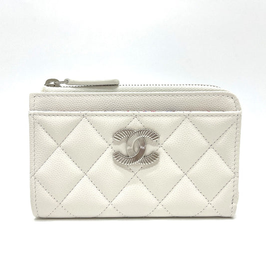 CHANEL Matelasse CC Mark Fragment Case Card Case Mini Wallet coin purse Caviar Leather White/SilverHardware Used