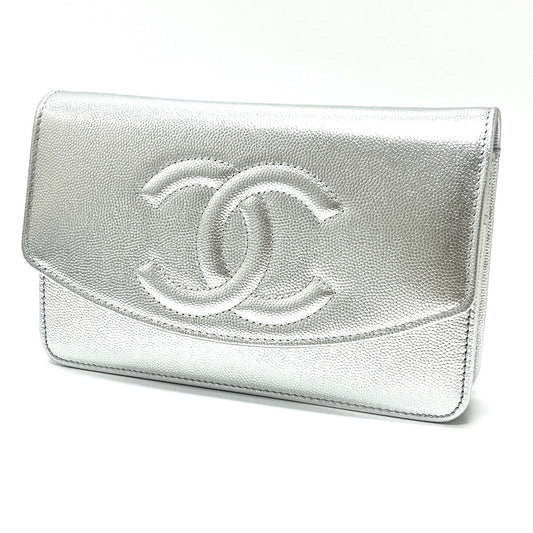 CHANEL AP4653 Métiers d'Art Collection Coco Mark Chain Wallet Shoulder Bag in Caviar Leather, Silver