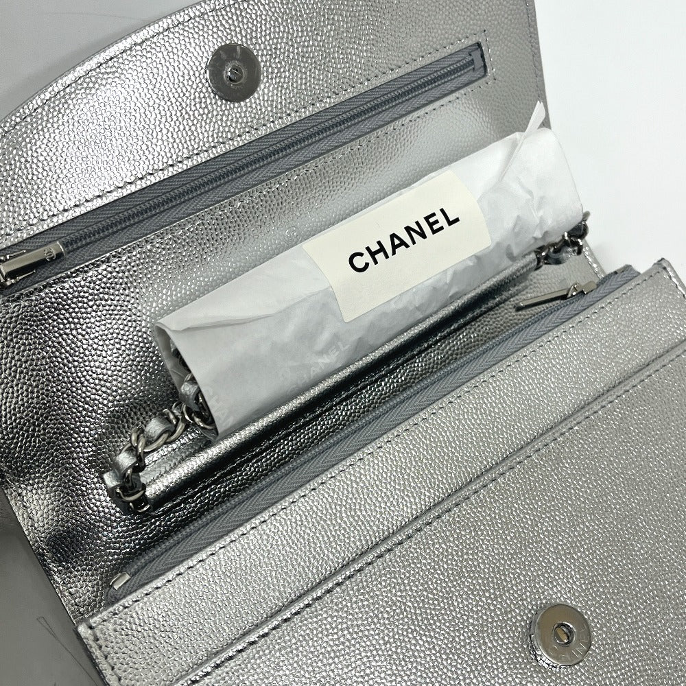 CHANEL AP4653 Métiers d'Art Collection Coco Mark Chain Wallet Shoulder Bag in Caviar Leather, Silver