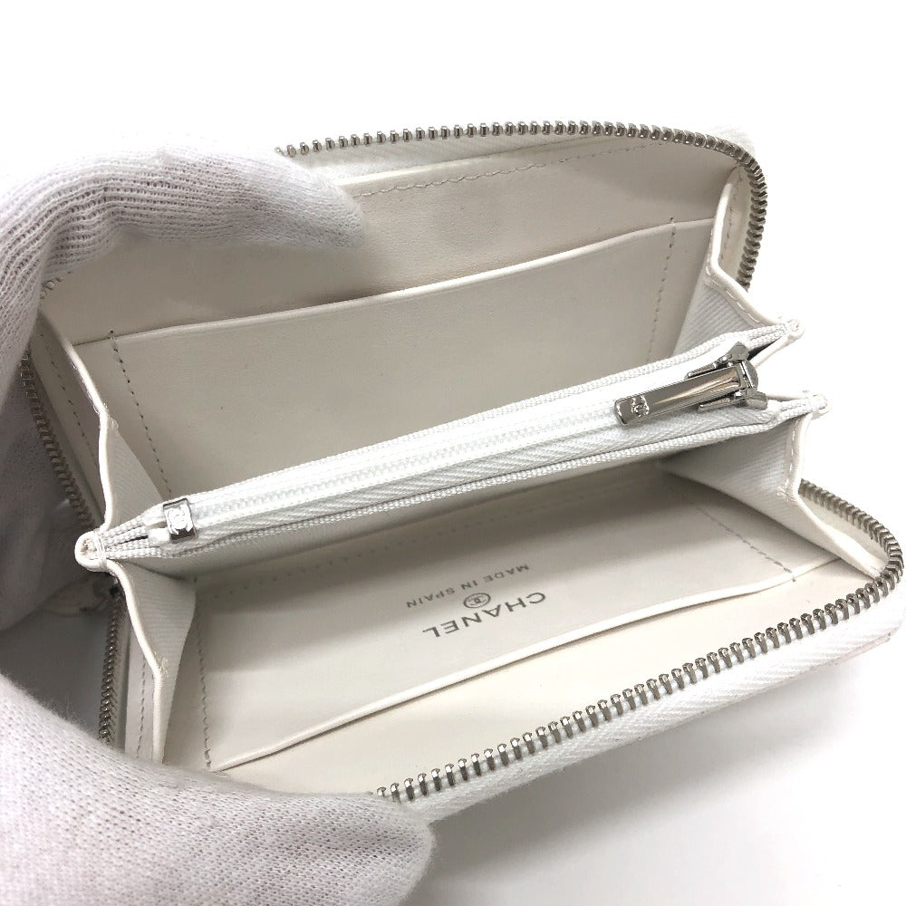 CHANEL AP3728 Star Coco Mark Round Coin Case Compact Wallet Long Wallet Caviar Leather Women's White