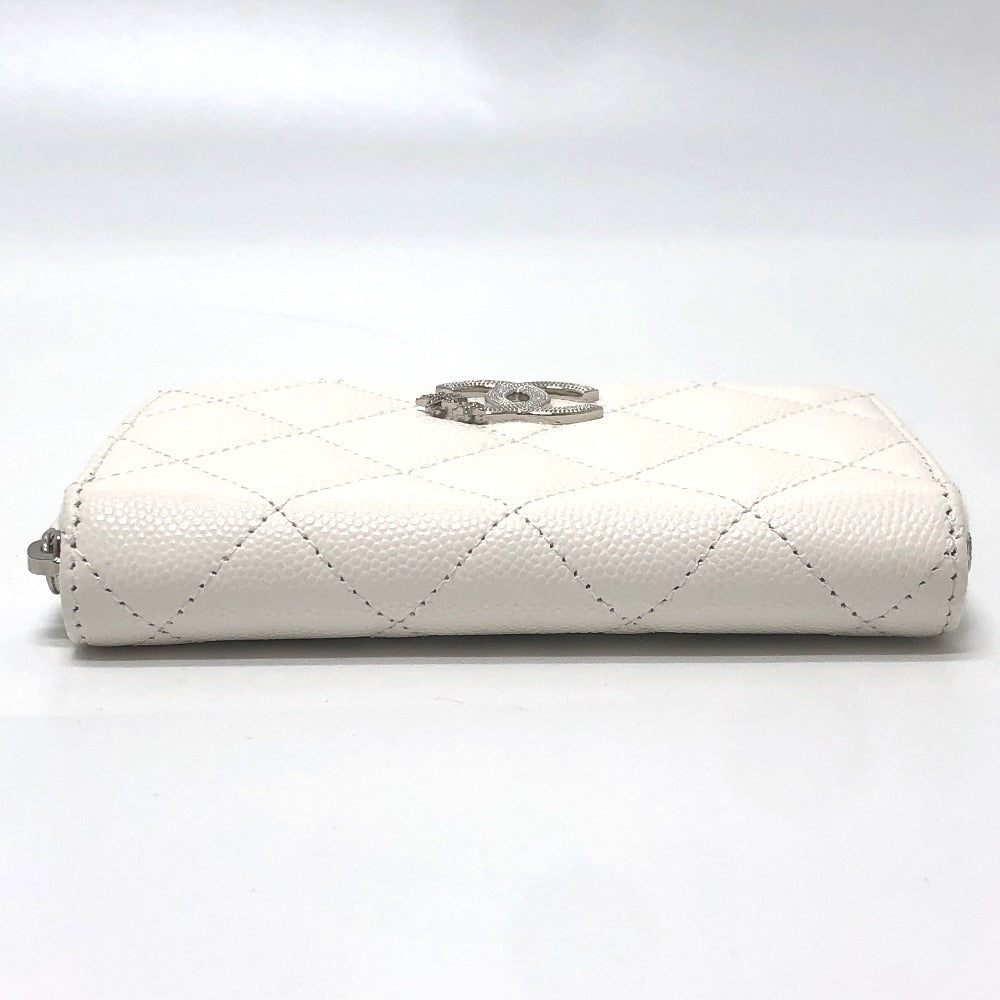 CHANEL AP3728 Star Coco Mark Round Coin Case Compact Wallet Long Wallet Caviar Leather Women's White