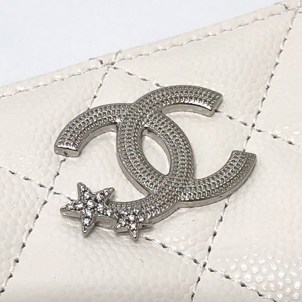 CHANEL AP3728 Star Coco Mark Round Coin Case Compact Wallet Long Wallet Caviar Leather Women's White